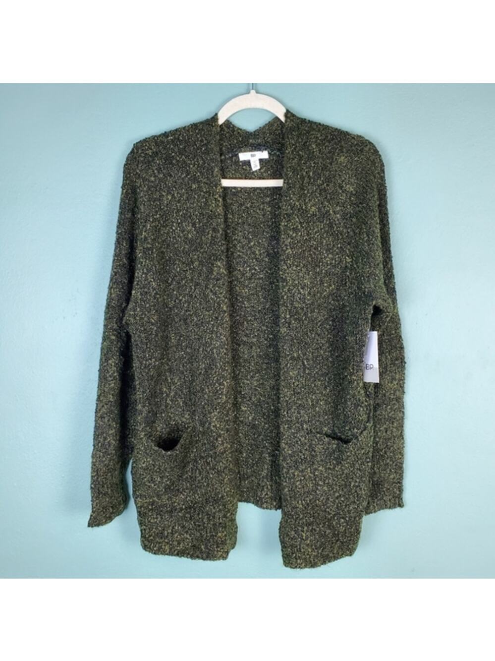 BP Boucle Open Sweater Cardigan Olive Dark Black Marl Size Medium